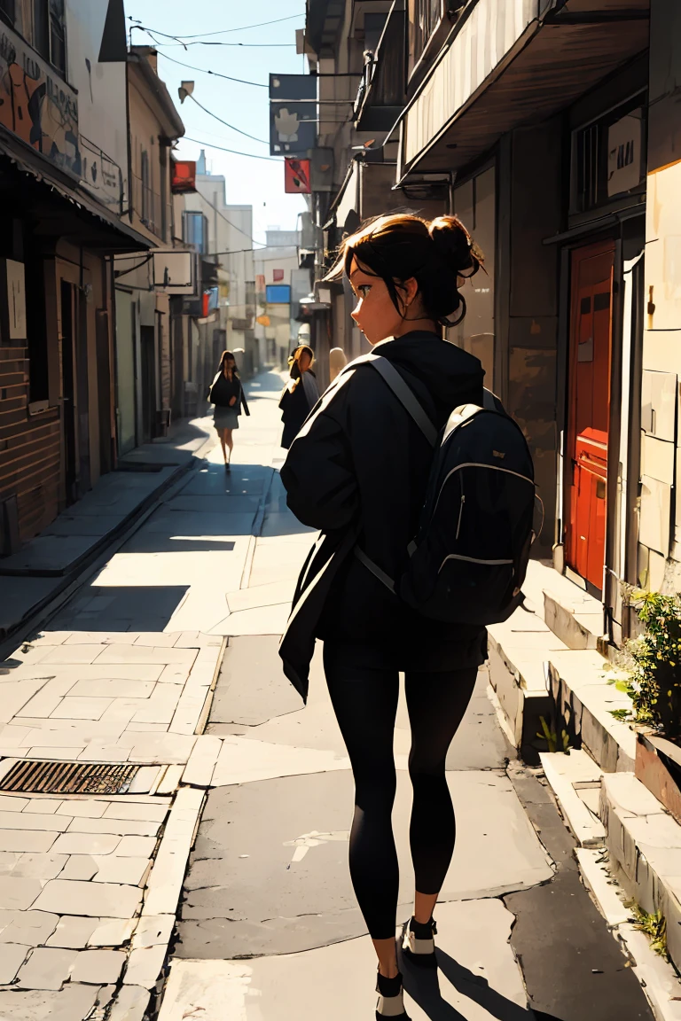 After finishing my winter trip, I put on my backpack and walk forward with a happy heart.,vivid colors, soft focus, Light leakage, dreamlike atmosphere, experimental charm, Retro appeal BREAK color field painting, A variety of colors, abstract expressionism, bold hues, emotional impact, atmospheric depth, Minimalist approach BREAK, beautiful woman, UHD (ultra detail) Observation of viewers wearing hip-hop style street black padded clothes, another, colored, long brown hair tied together, Cheveux très coloreds 🌈, dark clothes, White stardust in dark areas, absurd, high resolution, very detailed, (1 woman : 1.1), vivid colors, soft focus, Light leakage, dreamlike atmosphere,