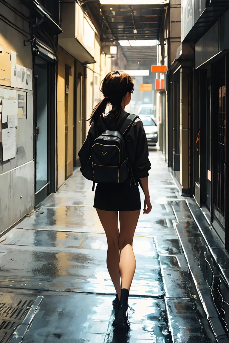 After finishing my winter trip, I put on my backpack and walk forward with a happy heart.,vivid colors, soft focus, Light leakage, dreamlike atmosphere, experimental charm, Retro appeal BREAK color field painting, A variety of colors, abstract expressionism, bold hues, emotional impact, atmospheric depth, Minimalist approach BREAK, beautiful woman, UHD (ultra detail) Observation of viewers wearing hip-hop style street black padded clothes, another, colored, long brown hair tied together, Cheveux très coloreds 🌈, dark clothes, White stardust in dark areas, absurd, high resolution, very detailed, (1 woman : 1.1), vivid colors, soft focus, Light leakage, dreamlike atmosphere,