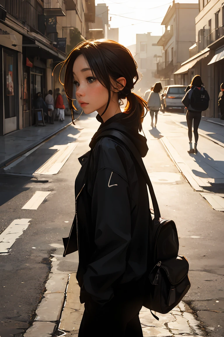 After finishing my winter trip, I put on my backpack and walk forward with a happy heart.,vivid colors, soft focus, Light leakage, dreamlike atmosphere, experimental charm, Retro appeal BREAK color field painting, A variety of colors, abstract expressionism, bold hues, emotional impact, atmospheric depth, Minimalist approach BREAK, beautiful woman, UHD (ultra detail) Observation of viewers wearing hip-hop style street black padded clothes, another, colored, long brown hair tied together, Cheveux très coloreds 🌈, dark clothes, White stardust in dark areas, absurd, high resolution, very detailed, (1 woman : 1.1), vivid colors, soft focus, Light leakage, dreamlike atmosphere,