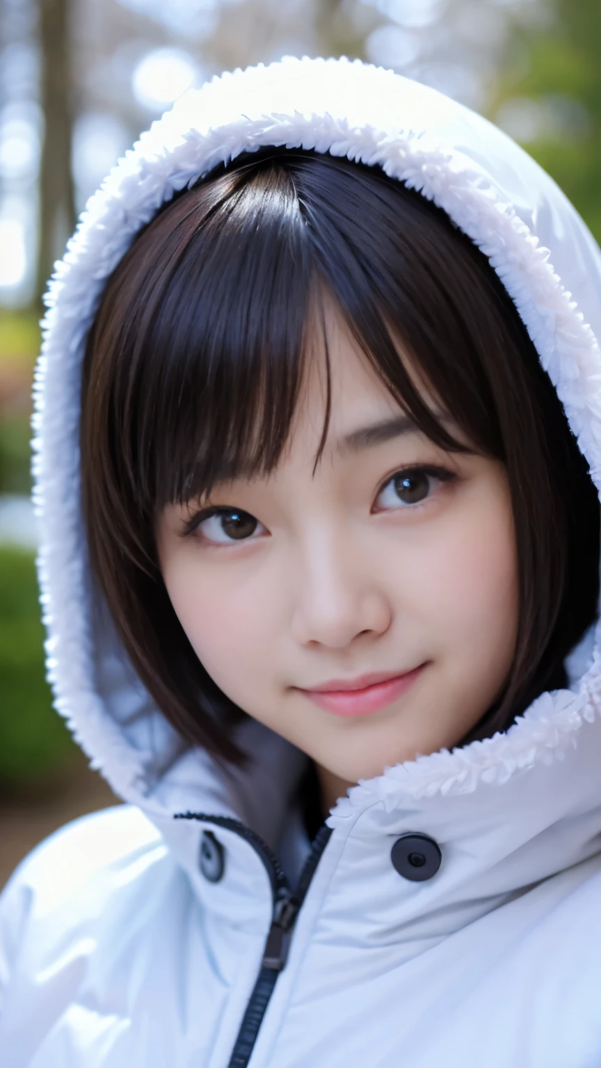 Best-quality, Masterpiece, Ultra-High-Resolution, (Photorealistic:1.4), Raw-Photo, 1girl, -yeld, thost famous Japanese idol, face-focus, looking at viewer, innocent-smile, wearing only winter-clothes with cute-design, extremely cute face like the most popular Japanese-idol, ((extremely beautiful big-black-solid-circle-eyes)), extremely beautiful black-short-cut-haired, extremely beautiful skins, extremely beautiful long-eyelashes, extremely beautiful lips