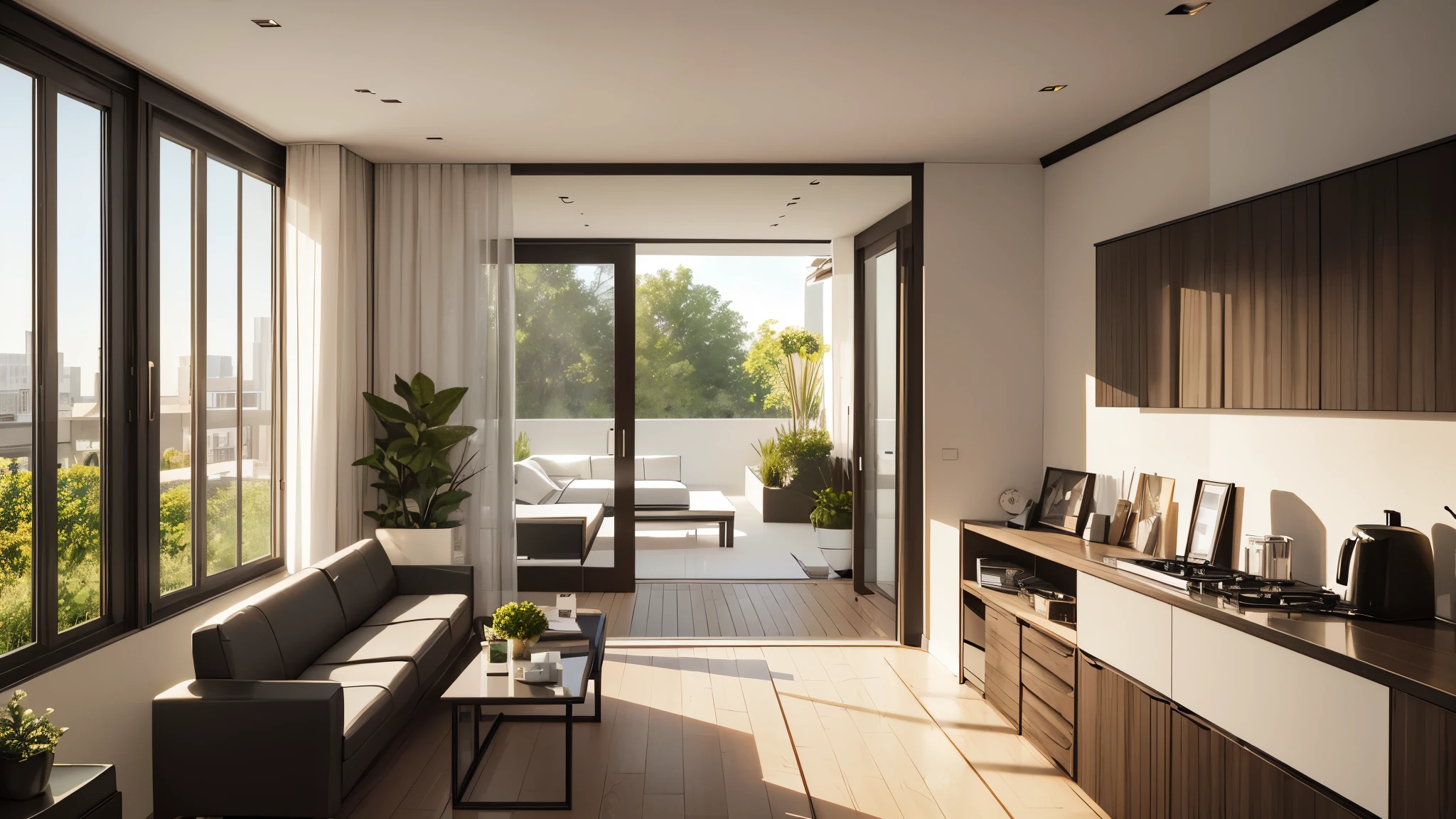 You are a famous interior designer、You have been asked to create a 3D image of a modern large room. Create a harmonious environment with modern and minimalist furniture. Including garden interior.