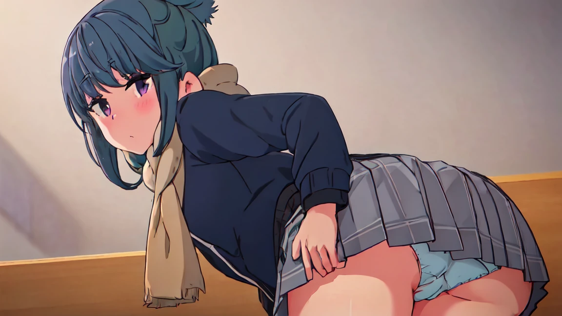 highest quality, masterpiece, High resolution, alone, {Shima_Also_yuru camp:1.15},( green_hair), purple_eye, closed_mouth, single_hair_good, hair_good, 1 girl, 前hair, blurry, blurry_background, (Motosu High School Girls Uniform Winter Clothes:1.3、Grey plaid skirt)、(lift up skirt、cute panties)、crawl on all fours、(think back,from behind),leaning forward,from below