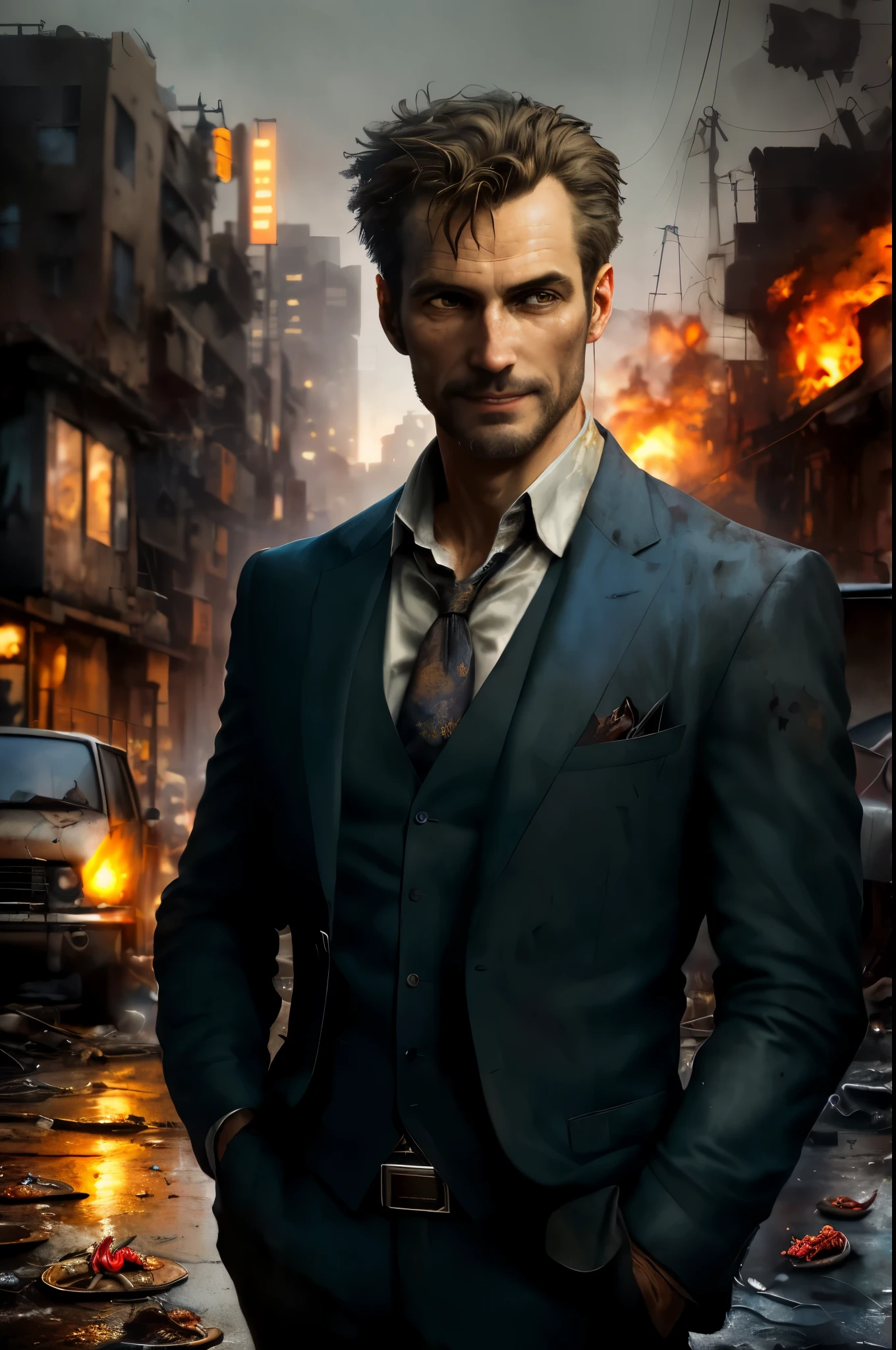 award winning photo of a mature man, sirsean,(Realistic, photo-Realistic:1.4),(Spicy focus:1.4),
(detective:1.2), (fancy suit:1.1), grin, (ultra detailed face and eyes:1.1), (album&#39;s cover:1.1), slum cyberpunk, to frown, (slum old garage:1.1), (artpunk:1.0), unique pose, (trigun:1.1), (masterpiece:1.1), Best quality, run over, Ultra-high detail, (Antoine Blanchard and Casey Baugh:1.1), (by zdzislaw beksinski:0.8), extremely complex, extreme detail, ray tracing, reflections, beautiful lighting, (harsh lighting:1.1), (high saturation, definition, Contrast, deep levels, Spicy, retouched, color:1.1), soft lighting, Cinematic, (strong contrast:1.2),Spicy focus,,on fire,(breathing fire),(explosion),fiery tail,
