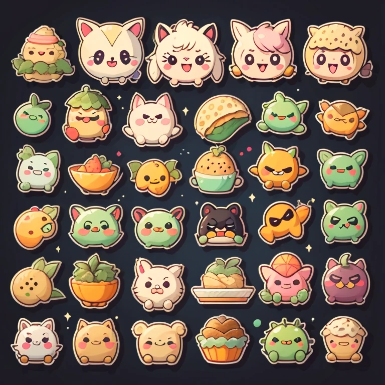 1sticker, handbook,black background, simple background, Minimal, cute, small, pastel colour, vector style, no gradien,(personification of various foods)、(crying face、smiling face、angry face、troubled face、angry face、Various facial expressions),