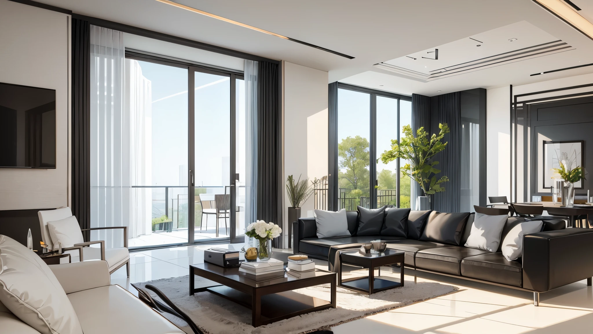 You are a famous interior designer、You have been asked to create a 3D image of a modern large room. Create a harmonious environment with modern and minimalist furniture. Including garden interior.