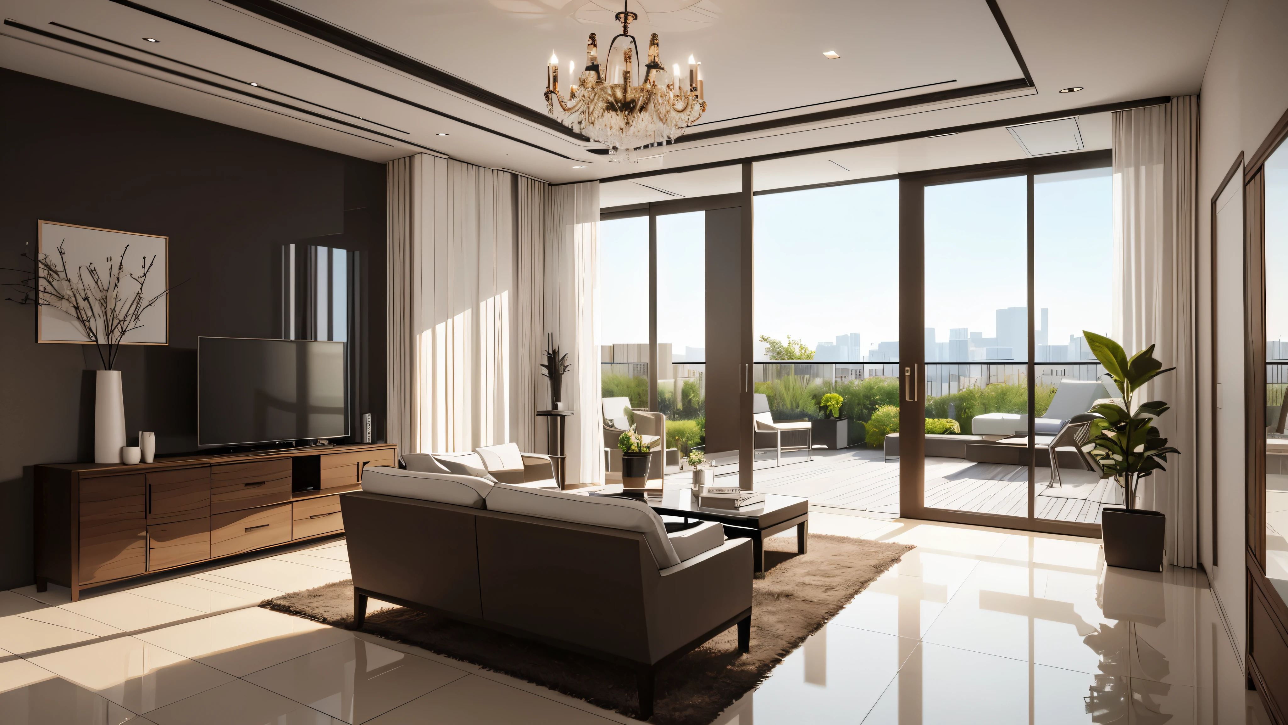 You are a famous interior designer、You have been asked to create a 3D image of a modern large room. Create a harmonious environment with modern and minimalist furniture. Including garden interior.
