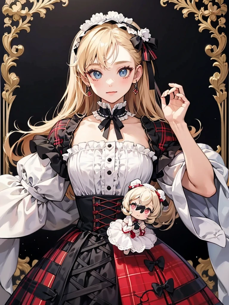Plaid dress, bow, lolita fashion, lolita style, anime girl cosplay, loli, cute, angelic pretty, loli, portrait of lolita girl, red checker, y 2k, y2k, emo style, non-mainstream, red checker, mine-series girl, harajuku style, exaggerated dressing, complex decorations, rock style, gothic style，(muscular female)，biceps