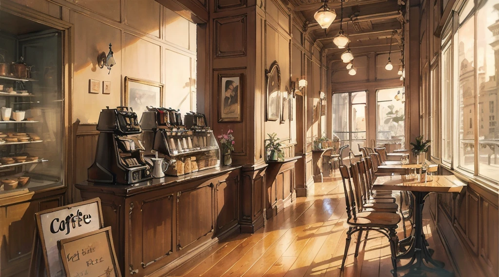 masterpiece, highest quality, very delicate and beautiful, Super fine, Haile, very elaborate, figure, realistic, coffee shop, retro,antique
