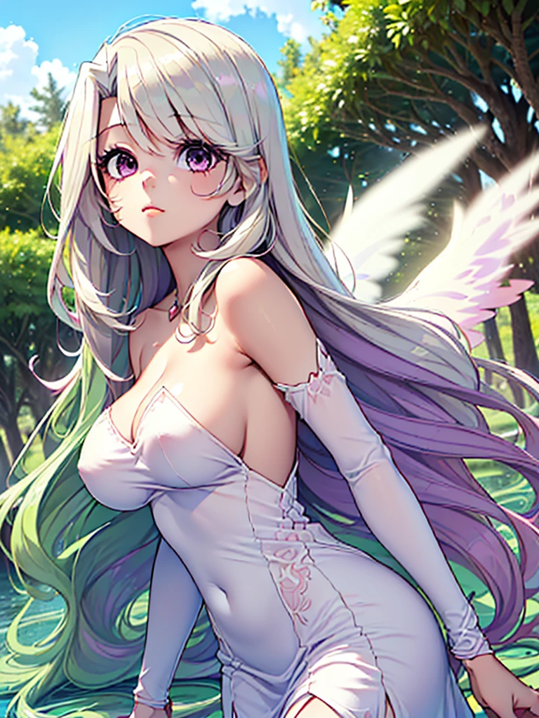 gran calidad ++ Extremely detailed high resolusionolution, very aesthetic, ojos expresivos, (((Cara perfecta))), (((face symmetrical))), ((good anatomy)), (((manos perfectas))), (((8k))), UHD, Fondo de pantalla HD, (((alta calidra detallada, (((((1girl)))))), solamente, Obra maestra, La mejor calidad, high resolusion, Altamente detallado, (illustration), hermosos ojos detallados, (((combatant))), (((1girl))), ((((cuerpo completo)))), (((((((illyasviel von einzbern)))))), (((princess_celestia))), ((((forma humana)))), ((princesa celestia humanizada)), Celestia, Celestia de My Little Poni, celestia en forma de milf, Cabello largo y ondulado, (((Ojos rojos))), (((strapless tube dress))), (((purple heart promise))), (((white dress))), (((milfication))), (((mature female))), (((gigantic breasts))), (((orejas blancas de pony))), (((Dedos detallados))), (((alas blancas de angel))), (((cuerno dorado de unicornio))), Dedos precisos, Manos no antinaturales, strange eye, columnas griegas, exterior, hermoso bosque majestuoso, hojas de parra rodeando las columnas, arbustos de flores por todas partes, cielo despejado, bright sunny day, water lilies, bosque celestial,
