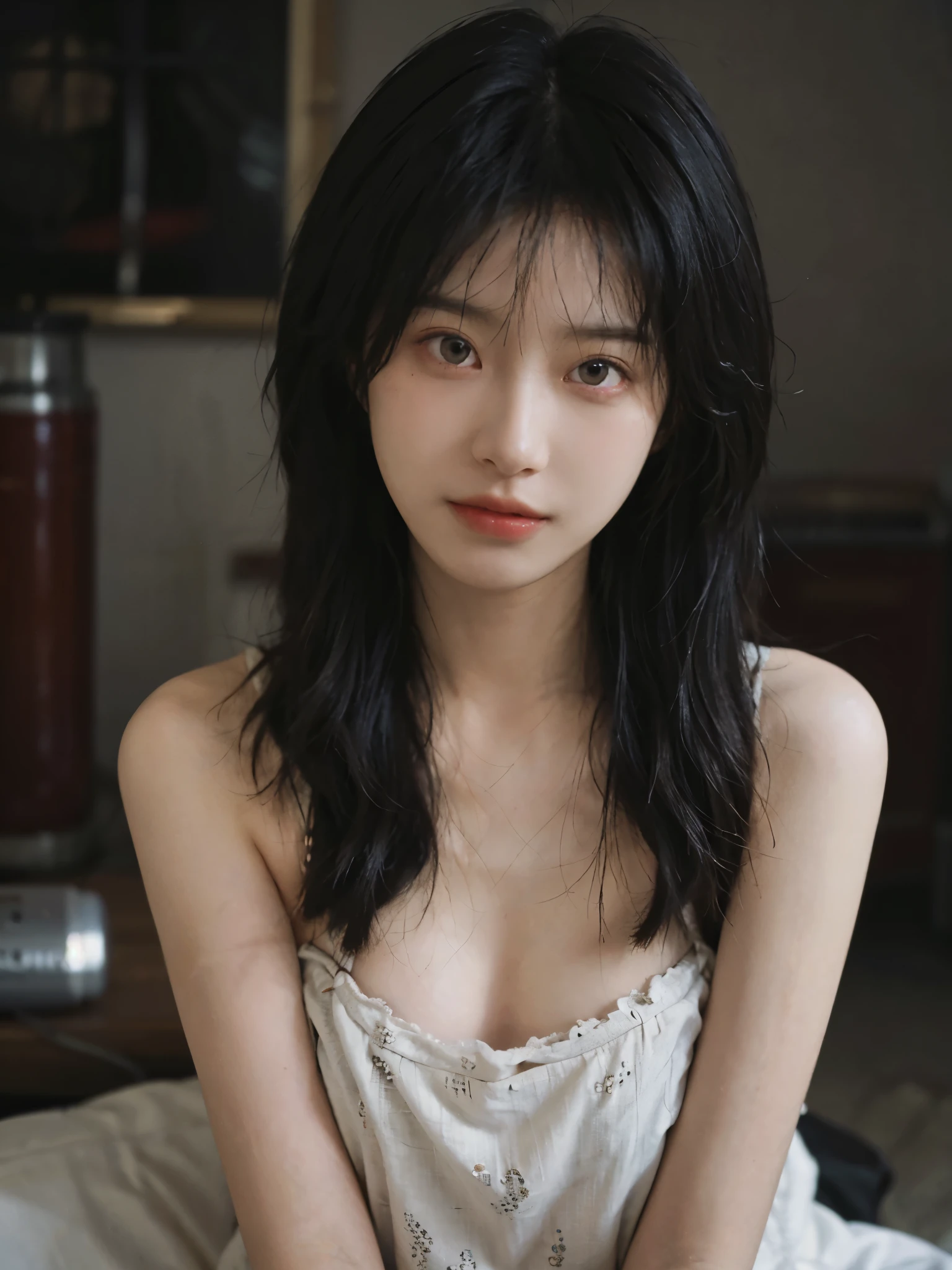 Film portrait photography, 1 girl, bare shoulders, Shoulder length wavy hair, serene, calm, (Realistic and detailed eyes, natural skin texture, Realistic facial details), Soft dramatic lighting, depth of field, Bokeh, Vibrant details, detailed meticulous, hyper-realistic, 35mm film, hazy, ,