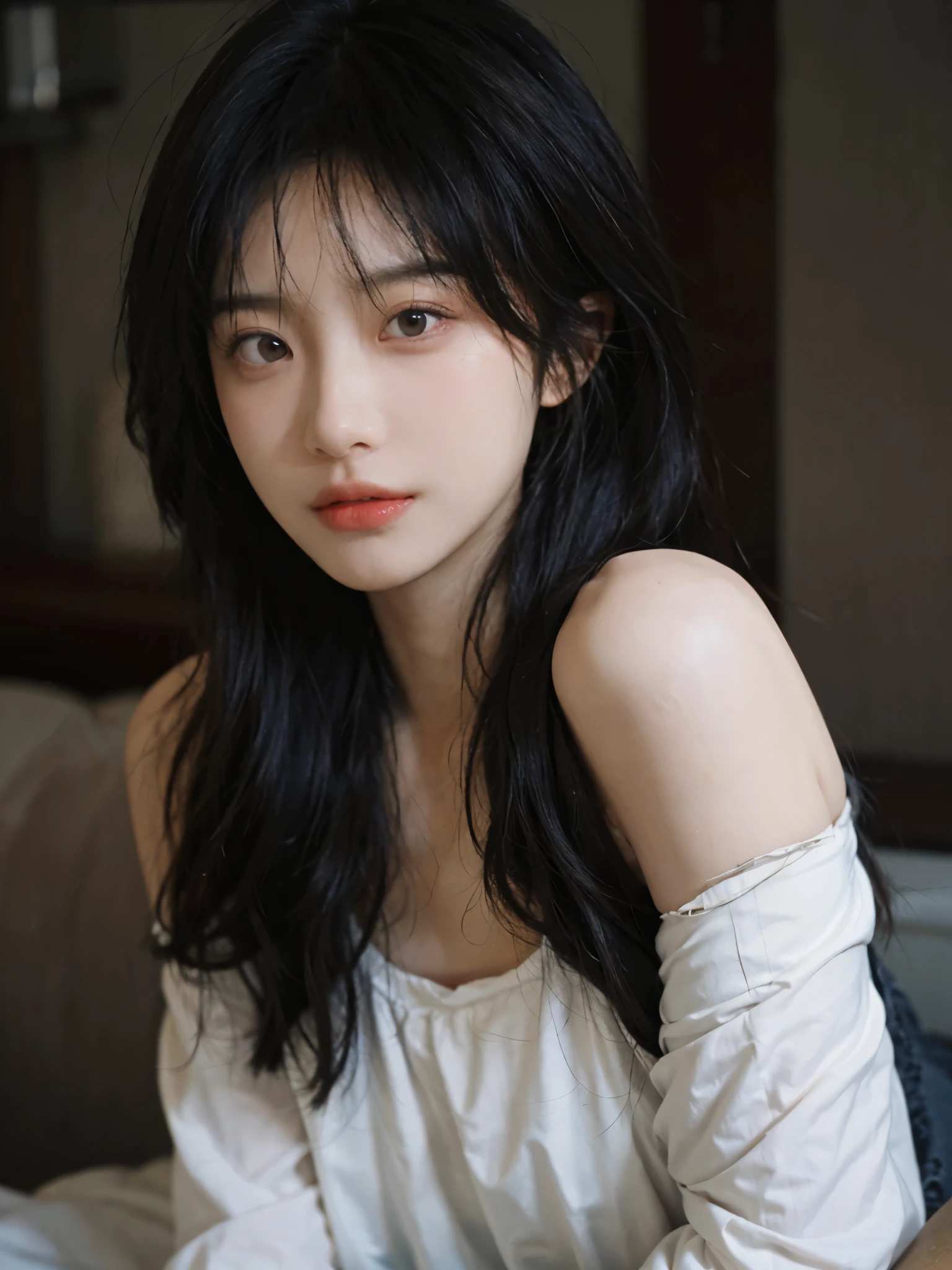Film portrait photography, 1 girl, bare shoulders, Shoulder length wavy hair, serene, calm, (Realistic and detailed eyes, natural skin texture, Realistic facial details), Soft dramatic lighting, depth of field, Bokeh, Vibrant details, detailed meticulous, hyper-realistic, 35mm film, hazy, ,
