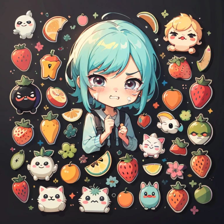 1sticker, handbook,black background, simple background, Minimal, cute, small, pastel colour, vector style, no gradien,(Personification of various fruits)、(crying face、smiling face、angry face、troubled face、angry face、Various facial expressions),