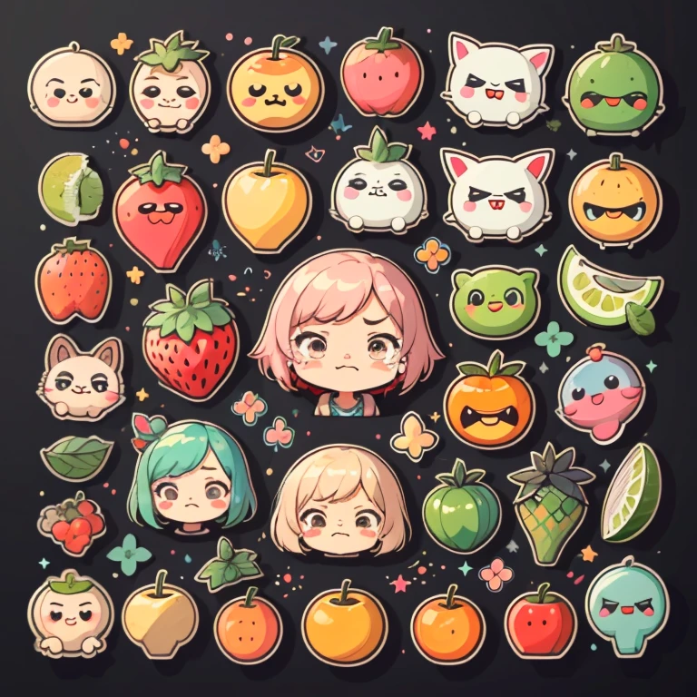 1sticker, handbook,black background, simple background, Minimal, cute, small, pastel colour, vector style, no gradien,(Personification of various fruits)、(crying face、smiling face、angry face、troubled face、angry face、Various facial expressions),