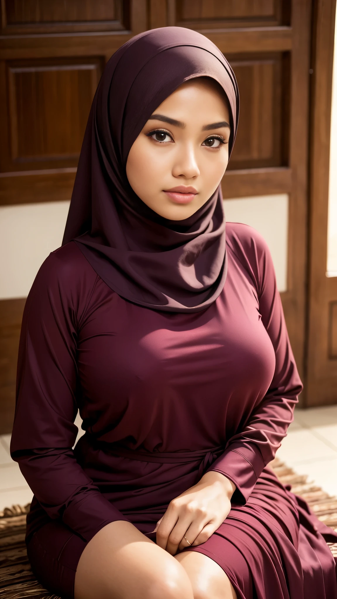 Clouse up RAW, Best quality, high resolution, masterpiece: 1.3), realistic,beautiful Malay woman in hijab, Masterpiece, perfect fit body, big breasts, big eyes, beautiful face, Soft smile, thin face, Muslim woman in long dress sitting in front of a small traditional house, very beautiful and graceful, maroon color, fully covered dress, modest, very beautiful masterpiece, great lighting, bright colors, clean lines