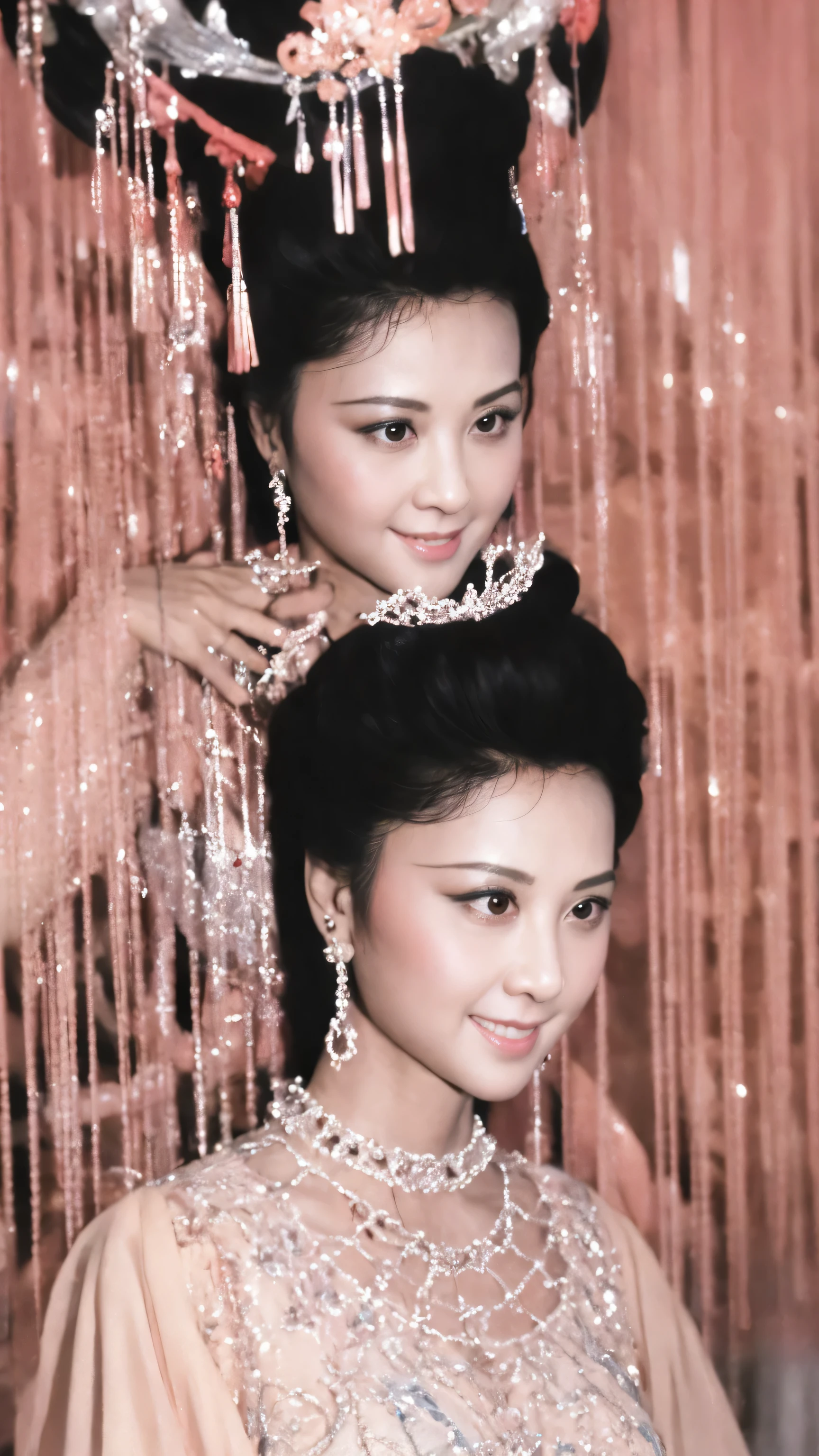 Fashion model 25 years old [[[[Close-up cleavage]]]], [[[[]]]], [[[[rape]]]], [[[[shoulder]]]], perfect eyes, perfect iris，perfect lips，perfect teeth，perfect skin，White skin，Soft headlight，human development report，girl，Chinese costumes，Imperial service，queen costume，Kim's clothes，Princess crown hair ornaments，long skirt，sitting on bed，long legs，whole body image，The background is a Chinese interior decoration，4K Ultra HD, ultra high resolution, (lifelike: 1.4), best quality，masterpiece，Ultra-diluted，（pastel colors：1.2）