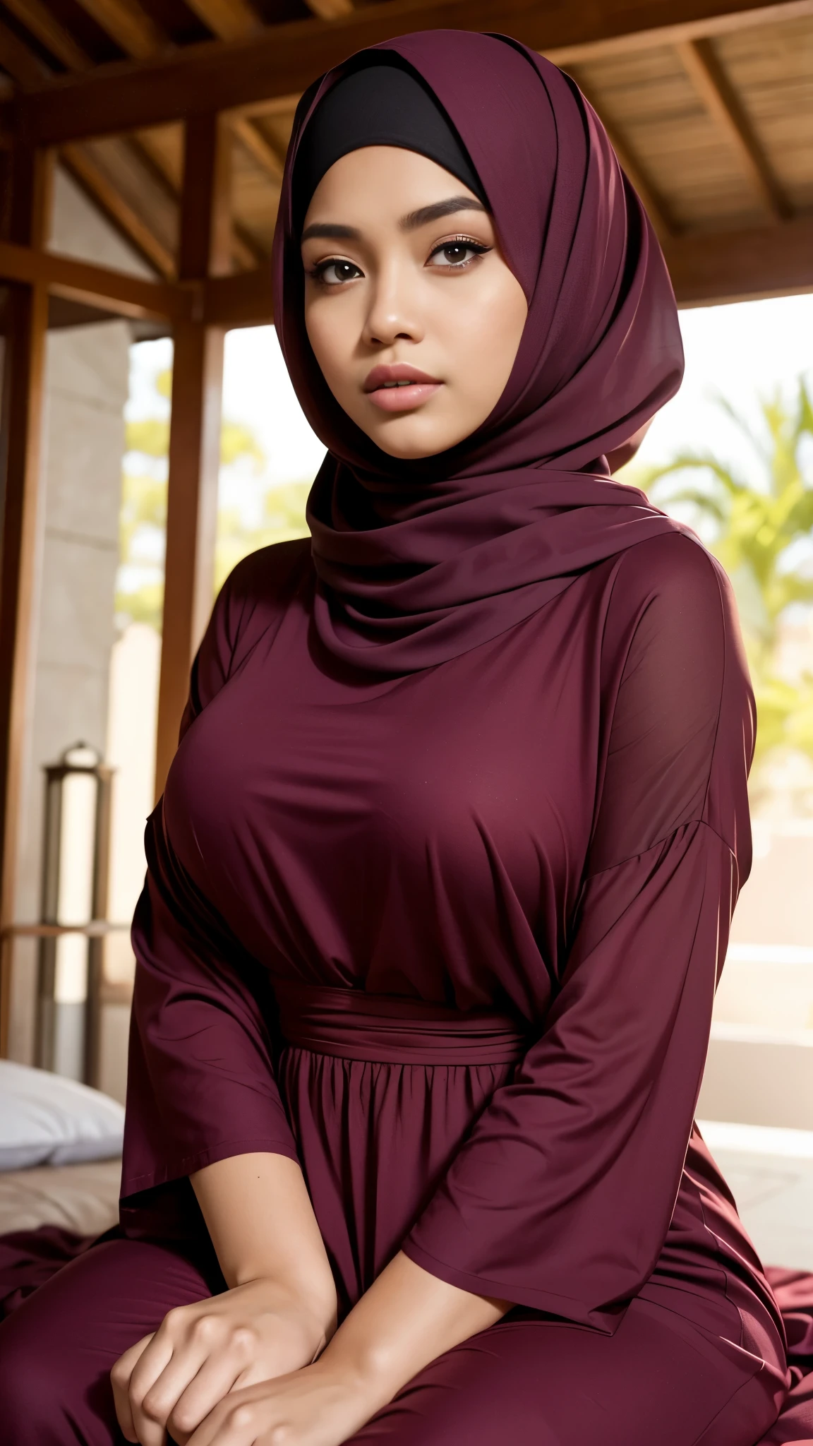 Clouse up RAW, Best quality, high resolution, masterpiece: 1.3), realistic,beautiful Malay woman in hijab, Masterpiece, perfect fit body, big breasts, big eyes, beautiful face, Soft smile, thin face, Muslim woman in long dress sitting in front of a small traditional house, very beautiful and graceful, maroon color, fully covered dress, modest, very beautiful masterpiece, great lighting, bright colors, clean lines