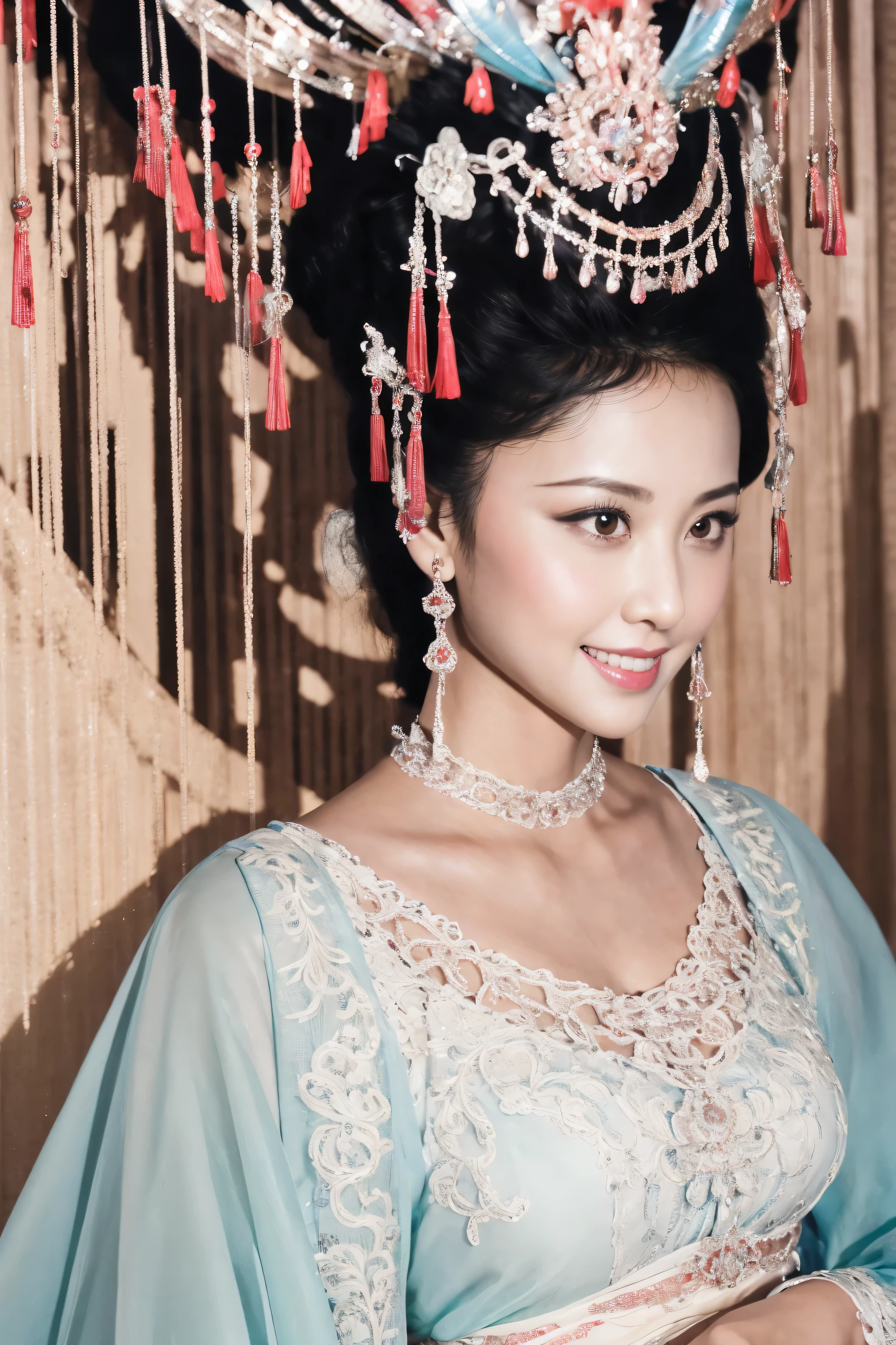 Fashion model 25 years old [[[[Close-up cleavage]]]], [[[[]]]], [[[[rape]]]], [[[[shoulder]]]], perfect eyes, perfect iris，perfect lips，perfect teeth，perfect skin，White skin，Soft headlight，human development report，girl，Chinese costumes，Imperial service，queen costume，Kim's clothes，Princess crown hair ornaments，long skirt，sitting on bed，long legs，whole body image，The background is a Chinese interior decoration，4K Ultra HD, ultra high resolution, (lifelike: 1.4), best quality，masterpiece，Ultra-diluted，（pastel colors：1.2）
