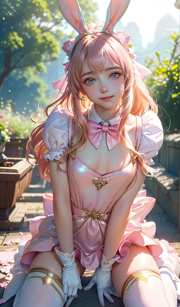 masterpiece, best quality, extremely detailed CG unity 8k wallpaper, ,, ,(Upper Body head close-up shot of a beautiful ), Wendy, Long straight blonde hair,((Mckenna Grace)), (((flat chest))),((pink-Cyan))golden ((Glittering Maid Dress,Bunny Ear Headgear ,glove,Bow-tie,zettai ryouiki)), (()),(),(()),,(()) ,((Kneel,spread legs)),(Lean forward), (Blush), oil skin ,(),, () (()),,(seductive smile),,,, ,, (Wonderland),,(),,pretty fac, key art, award winning, intricate detail realism hdr, by (ruan jia and artgerm and range murata), Photorealism, Hyperrealism, ultra realistic, dramatic light, intense shadows, gorgeous view,depth of field