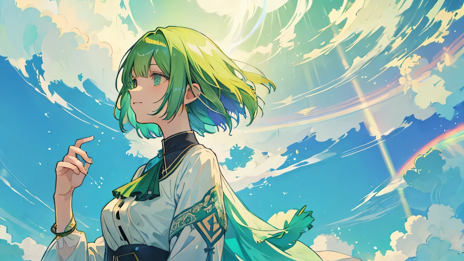 A green-haired woman wearing modern clothes with a bob cut looks up at the sky in the distance, With beautiful water and a rainbow in the blue sky, Atmosphere inspired by Alphonse Mucha.