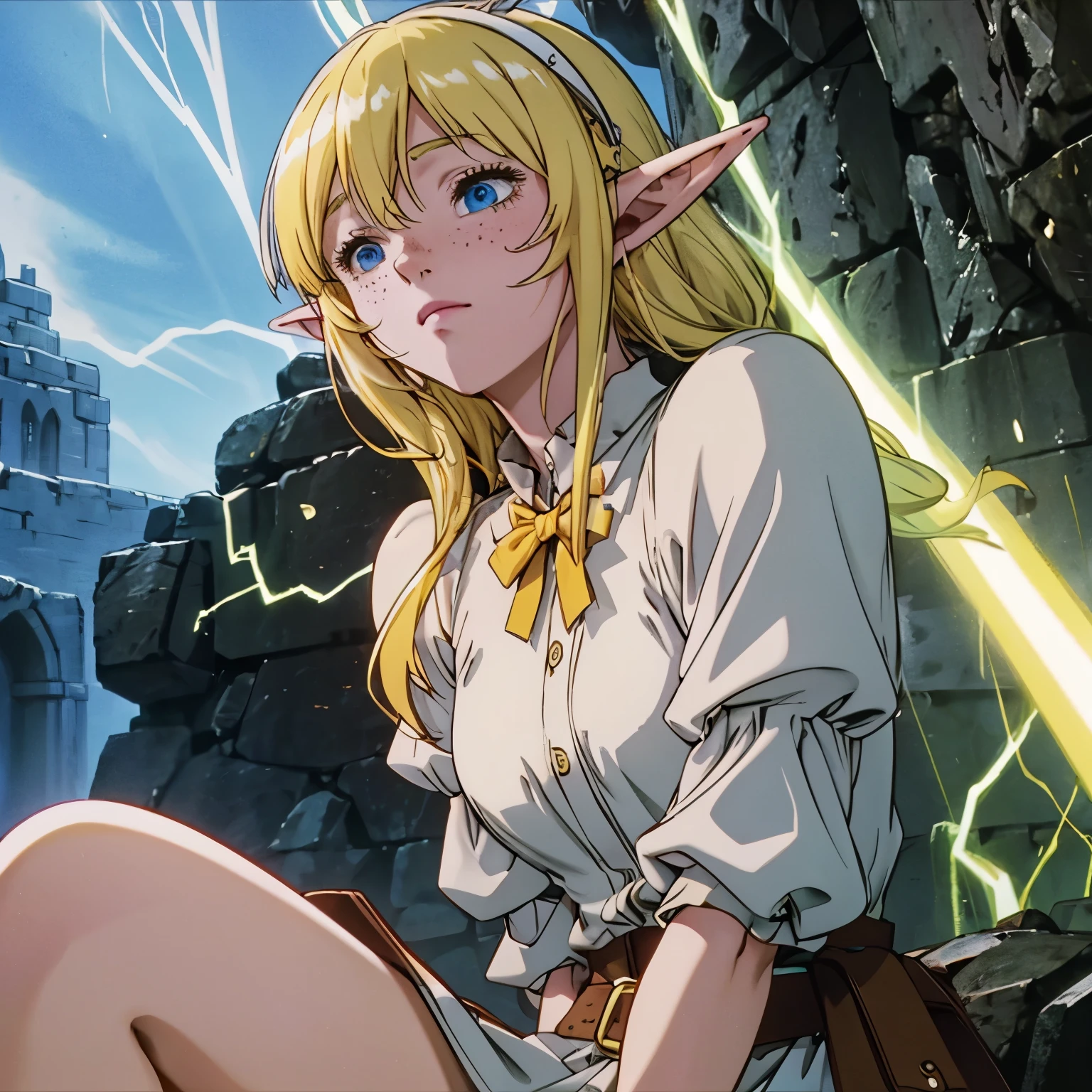 a beautiful blonde woman with elf ears and freckles, Lightning and Electrical Shock Cover, There are many many yellow rays