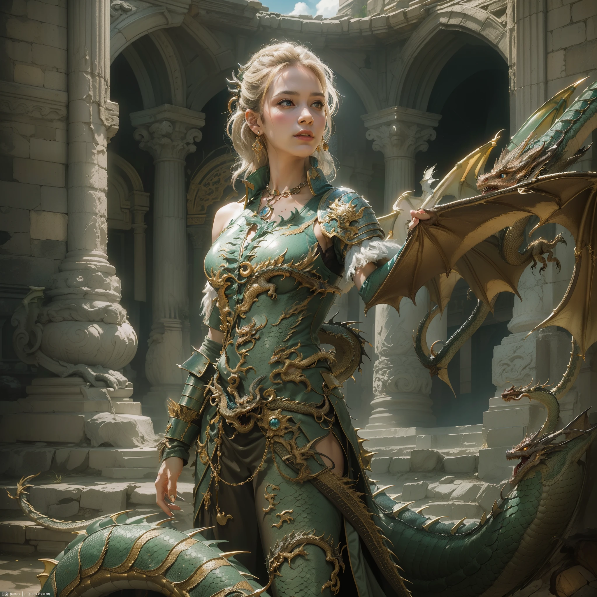 (Numerous award-winning masterpieces, with incredible detail, textures and maximum detail), (hyper realistic:1.4), (Dragon Tamer and European style dragon 2 shot full body photo: 1.8), (realistic:1.3), (upper body up:0.3), (best quality real texture skin), (finely detailed true circle eyes), (finely Detailed and beautiful face:1.6), ((medieval world)), (dragon tamer:1.6), (big trained european style dragon: 1.8), (Full-length portrait:1.5), (Dragon's eyes glow strongly from the inside), (tamer has joy in her eyes and a happy smile on her face: 1.3), (Dragon Tamer and European style dragon 2 shot full body photo: 1.8), (Dramatic Light), (A majestic sight), (simple, small whistle of fine workmanship hangs from the trainer's neck), (european style dragon with big wings behind shoulder: 1.8), (Tamers wear sturdy leather armor with elaborate patterns: 1.2), Earrings with a sacred atmosphere of refined craftsmanship, Followed by little european style dragon behind, (((dramatic photo))), ((dramatic pose)), (flamboyant photo), (golden hair), (silver hair), (chestnut hair), ((looks up)), ((looking down)), (gives full-body standing image:1.5), Old ruins infested with plants, great temple, great cathedral, great shrine, temple ruins, detached temple, Ruins of an ancient castle, Deserted ruins, crumbling ruins, Ancient ruins with clear water, wavelets, running water Shining majestic cloud masses and sky, epic realistic, faded, art, (Greg rutkowski:0.8), (teal and orange:0.4), (art station:1.5), cinematic, ((neutral colors)), (hdr:1.5), (muted colors:1.2), hyper detailed, dramatic light, (intricate details:1.1), complex background,