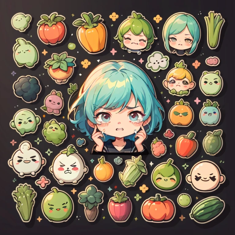 1sticker, handbook,black background, simple background, Minimal, cute, small, pastel colour, vector style, no gradien,(Personification of various vegetables)、(crying face、smiling face、angry face、troubled face、angry face、Various facial expressions),