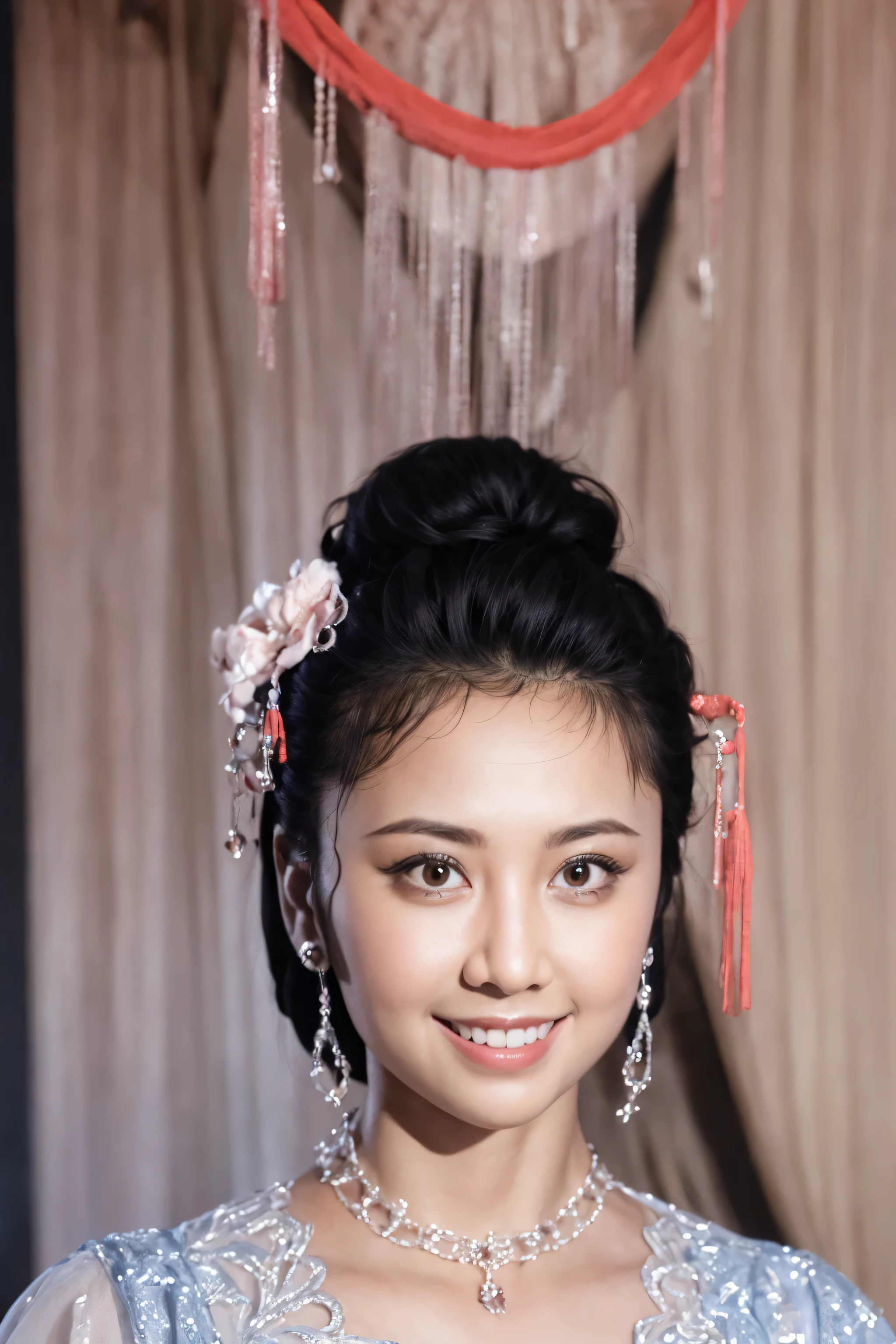 best quality, masterpiece, ultra high resolution, (lifelike:1.4), original photo, 1 girl,black hair, formal updo,(((face close-up))),(((mugshot))),shiny skin, dramatic lighting,(Smile:1.2)