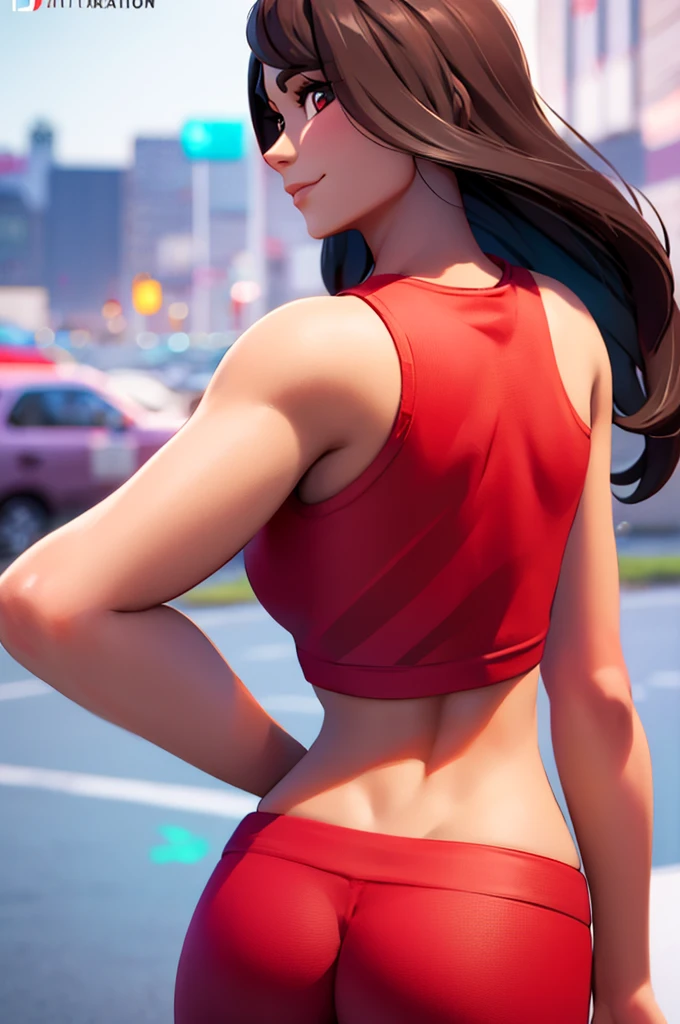 Ruby , (fortnite),1girl, solo, long hair, looking at viewer, smile, breasts, city background, butt, bare shoulders, tight shirt, closed mouth, portrait, red sweatshirt, skin tight pants, red sports pants, seductive, simple background, realistic, best quality, masterpiece, ultra detail, ultra high res, extreme detail, 8k, uhd