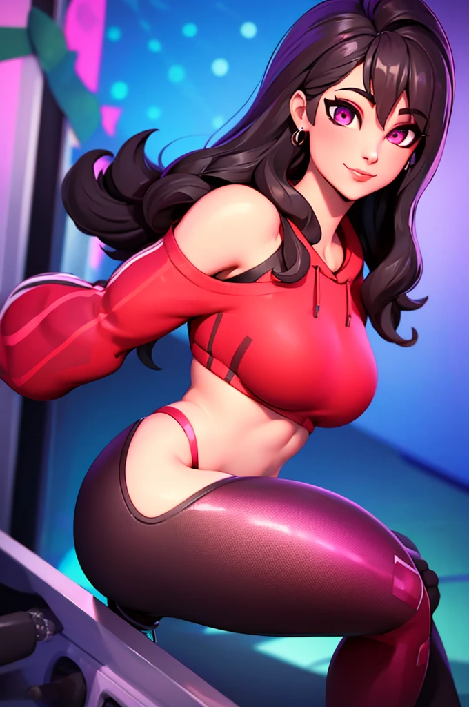 Ruby , (fortnite),1girl, solo, long hair, looking at viewer, smile, breasts, city background, butt, bare shoulders, tight shirt, closed mouth, portrait, red sweatshirt, skin tight pants, red sports pants, seductive, simple background, realistic, best quality, masterpiece, ultra detail, ultra high res, extreme detail, 8k, uhd