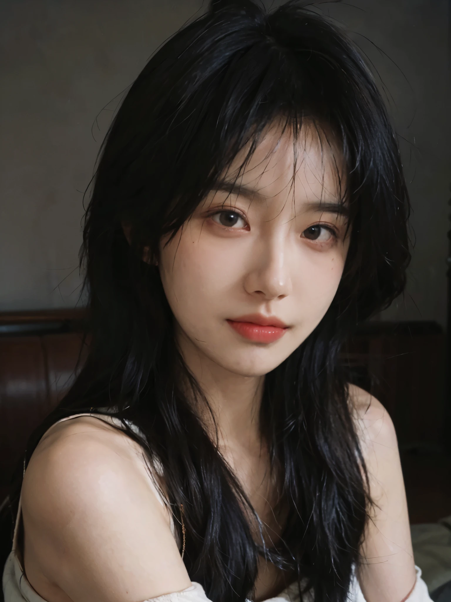 Film portrait photography, 1 girl, bare shoulders, Shoulder length wavy hair,cute, serene, calm, (Realistic and detailed eyes, natural skin texture, Realistic facial details), Soft dramatic lighting, depth of field, Bokeh, Vibrant details, detailed meticulous, hyper-realistic, 35mm film, hazy, ,