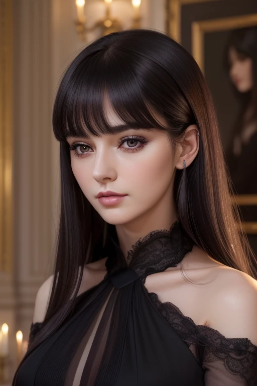 masterpiece, highest quality, realistic, mature woman, cute, 25 years old, closed mouth, portrait, highly detailed face, warm, (dark purple eyes), ((black long hair)), ((Bangs)), [thin eyebrows], Dark palace, ((elegant dark black dress)), Light makeup, soft smile, ear blush, light blush, short eyelashes, 4K, ((Englishman))