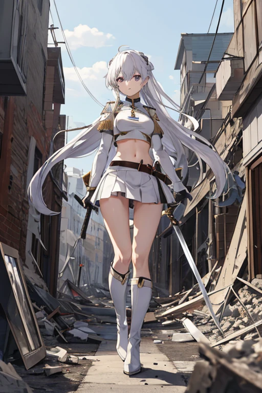 secondary elements、White combat uniform、teenager、beautiful girl、Navel exposure、short skirt、1 girl,medium breasts,Towards the audience,long silver hair,purple eyes,whole body,Military uniform,uniform,have,white skirt,Burn,Togare,Are standing,(Togare),右手に持ったsword,rubble,Collapsed buildings,Burn,Remains,(carcass:1.1),長いsword,sword,Fierce fire, wonderful,white long boots、thighs、shiny skin
