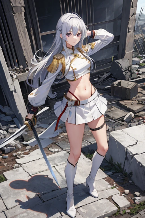 secondary elements、White combat uniform、teenager、beautiful girl、Navel exposure、short skirt、1 girl,medium breasts,Towards the audience,long silver hair,purple eyes,whole body,Military uniform,uniform,have,white skirt,Burn,Togare,Are standing,(Togare),右手に持ったsword,rubble,Collapsed buildings,Burn,Remains,(carcass:1.1),長いsword,sword,Fierce fire, wonderful,white long boots、thighs、shiny skin