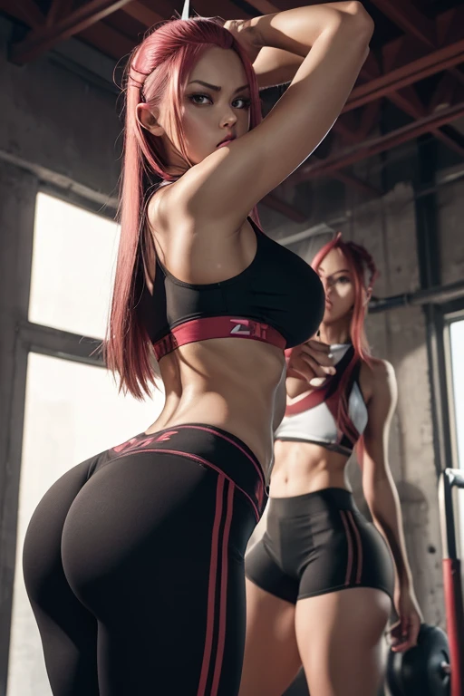 ((Zero Two)), model, toned, midriff, sexy gym attire, facing each other with killer intent, plump lips, flustered, snarling, MILF, wide hips, slim waist, (gigantic ass), busty, saggy , ripped clothing, model, sexy, beautiful, fighting, 8k, masterpiece, HD, high quality, high detail, NSFW