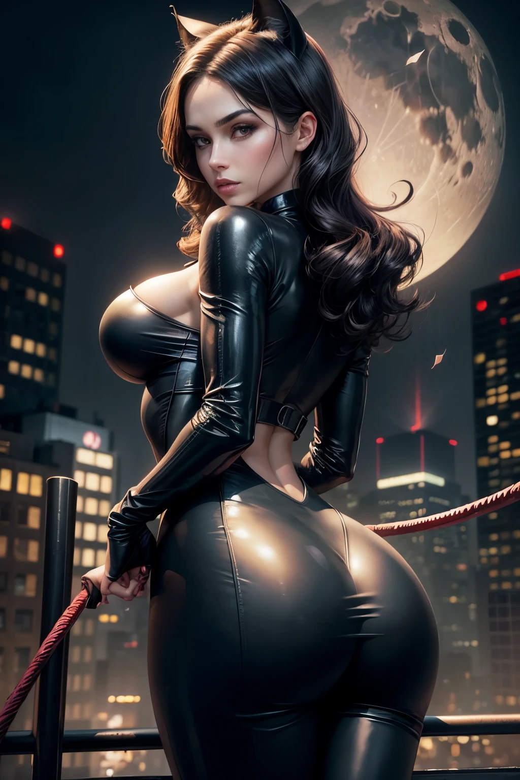 Sexy catwoman in a black latex suit, skin tight, cleavage, mask, long whip, rooftop in city, moon in background,  8k, RAW photo, best quality, masterpiece:1.2), yjnn, 1girl, 3d, breasts, lips, realistic, shirt, solo, stomach,  beautiful delicate face, perfect body, great shape, great butt, back view, hands above head, beautiful delicate eyes ,(realistic, photo realistic:1) HDR, 32k, UHD