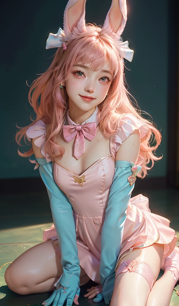 masterpiece, best quality, extremely detailed CG unity 8k wallpaper, ,, ,(Upper Body head close-up shot of a beautiful ), Wendy, Long straight blonde hair,((Mckenna Grace)), (((flat chest))),((pink-Cyan))golden ((Glittering Maid Dress,Bunny Ear Headgear ,glove,Bow-tie,zettai ryouiki)), (()),(),(()),,(()) ,((Kneel,spread legs)),(Lean forward), (Blush), oil skin ,(),, () (()),,(seductive smile),,,, ,, (Wonderland),,(),,pretty fac, key art, award winning, intricate detail realism hdr, by (ruan jia and artgerm and range murata), Photorealism, Hyperrealism, ultra realistic, dramatic light, intense shadows, gorgeous view,depth of field