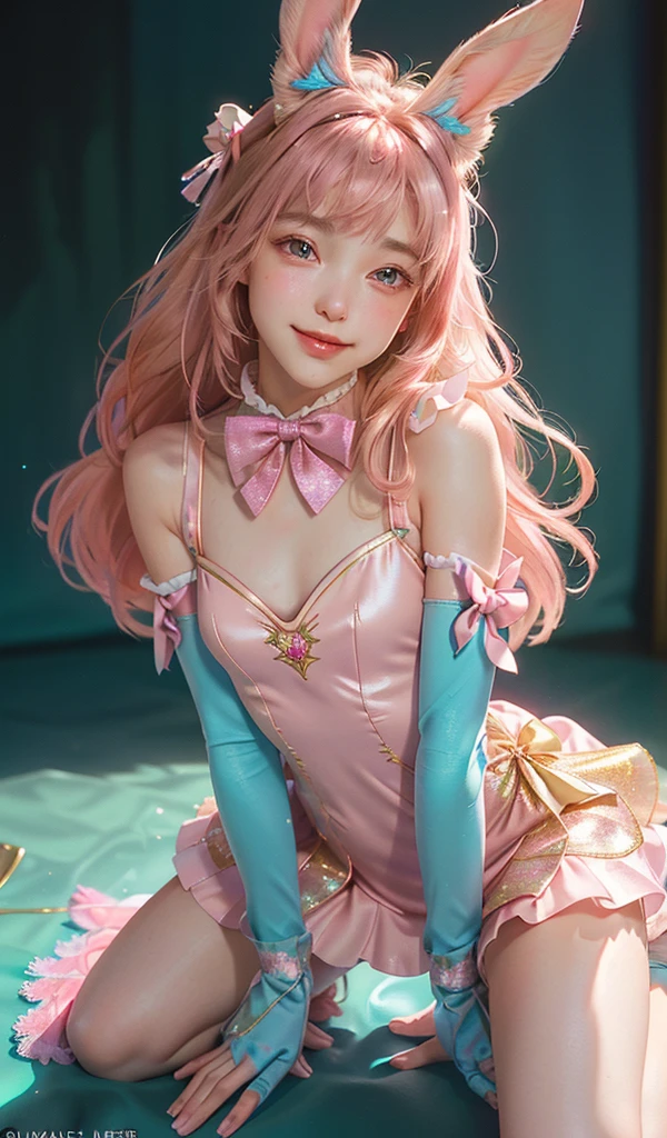 masterpiece, best quality, extremely detailed CG unity 8k wallpaper, ,, ,(Upper Body head close-up shot of a beautiful little girl), Wendy, Long straight blonde hair,((Mckenna Grace)), (((flat chest))),((pink-Cyan))golden ((Glittering Maid Dress,Bunny Ear Headgear ,glove,Bow-tie,zettai ryouiki)), (()),(),(()),,(()) ,((Kneel,spread legs)),(Lean forward), (Blush), oil skin ,(),, () (()),,(seductive smile),,,, ,, (Wonderland),,(),,pretty fac, key art, award winning, intricate detail realism hdr, by (ruan jia and artgerm and range murata), Photorealism, Hyperrealism, ultra realistic, dramatic light, intense shadows, gorgeous view,depth of field