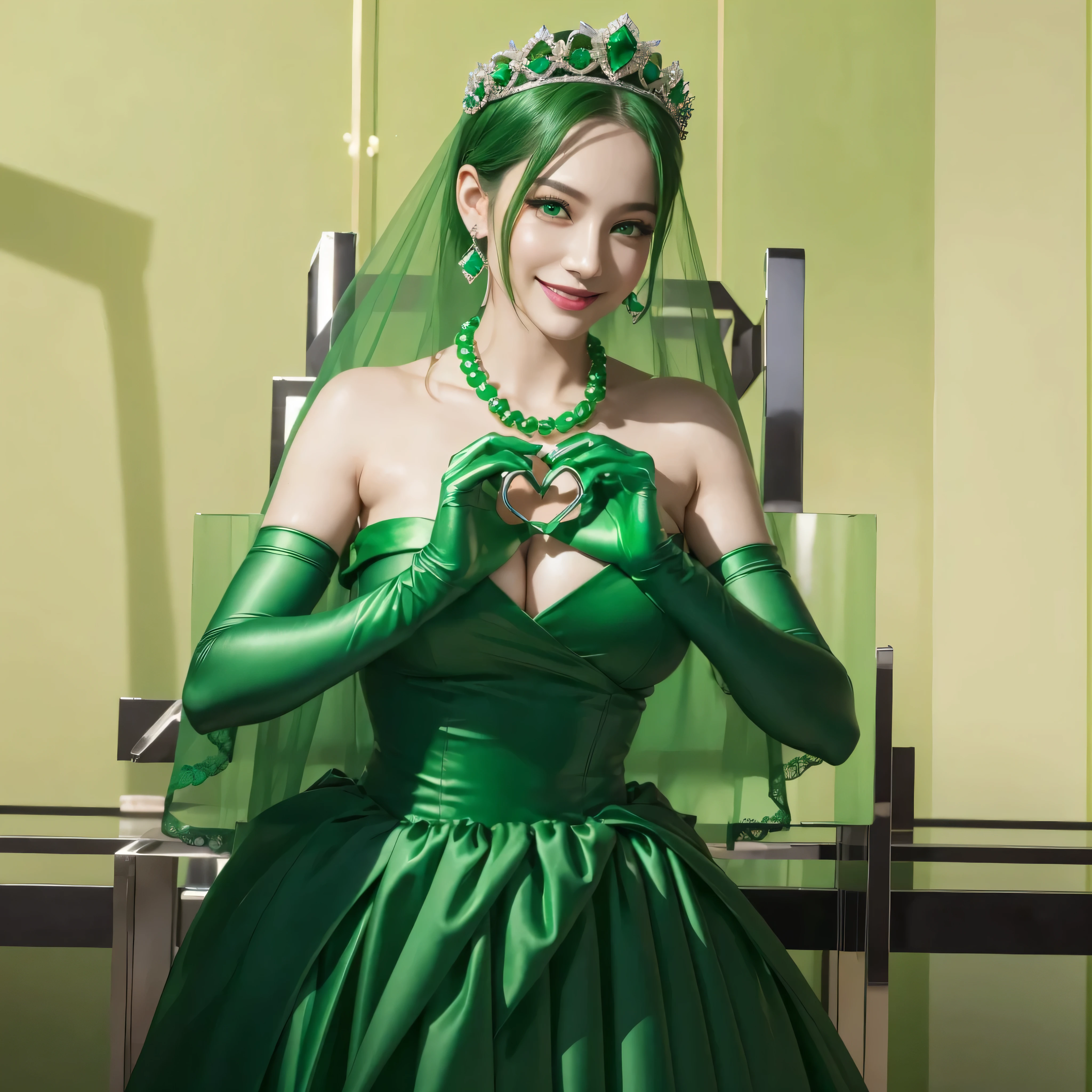 highest quality、masterpiece、(realistic:1.2), emerald tiara, green pearl necklace, ボーイッシュな非常に短いgreen hair, lipstick, smiling woman, very short hair, Beauty with large breasts, green eyes, Long Green Satin Gloves, green eyes, emerald earrings, green veil, heart with both hands, green hair, Beautiful woman, heart shaped hand:1.3