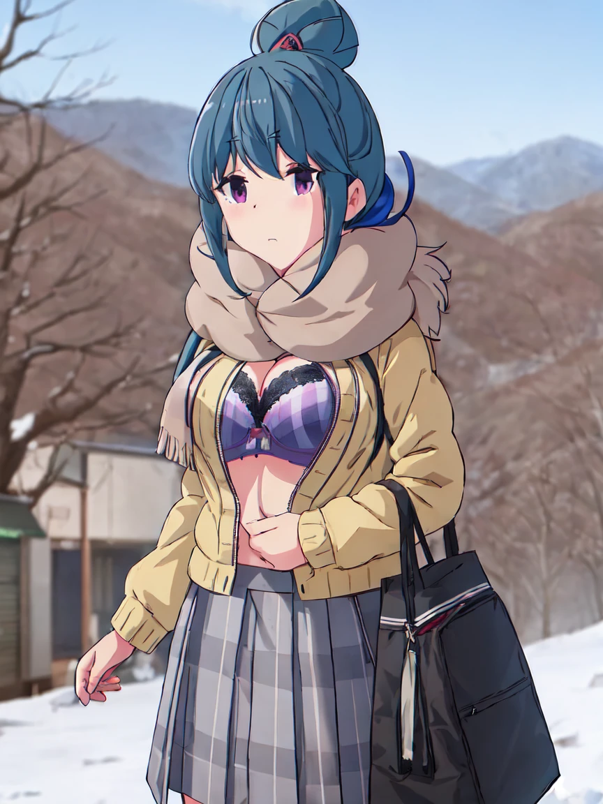 highest quality, masterpiece, High resolution, alone, {Shima_Also_yuru camp:1.15},( green_hair), purple_eye, closed_mouth, single_hair_good, hair_good, 1 girl, 前hair, blurry, blurry_background, (Motosu High School Girls Uniform Winter Clothes:1.3、Grey plaid skirt)、(Opening her chest and showing her bra:1.3)