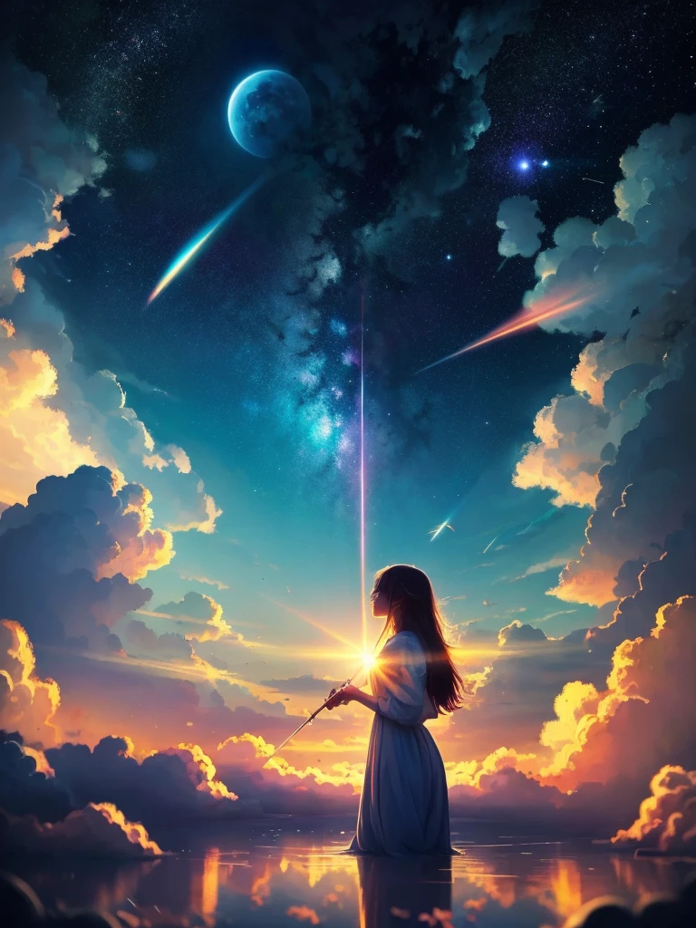 1 girl, eye, close, beautiful night sky, Meteors, beyond the clouds, surrounded water, reflection, wide angels, breathtaking clouds, wide angle, by makoto shinkai, thomas kinkade, james gilliard, by Holosomnia Landscape, HDR, volume lighting, ray tracing, Complex, advanced details, very detailed, deviant, 4K vertical wallpaper,, colorful, well-ventilated, anime illustration, anime nature wallpaper