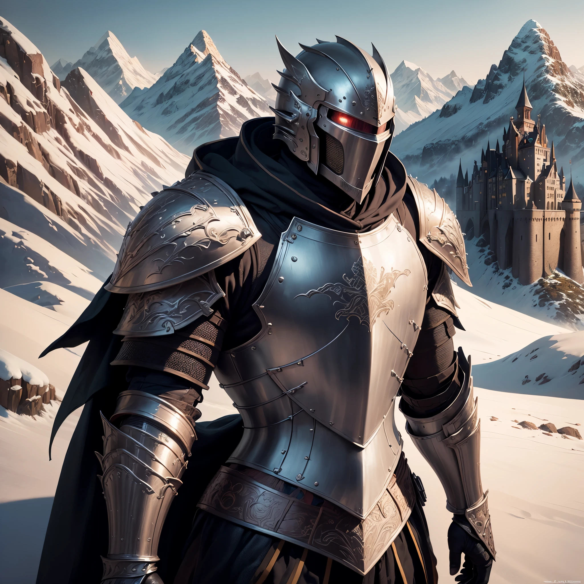 128K Resolution, Ultra High Definition, Best Quality, Hyper Detailed, Masterpiece, Anime, Body Shot, 1 Boy, Handsome, Hyper Detailed Short Hair, (((Hyper Detailed Armor Plates))), (((Hyper Detailed Undershirt))), (((Hyper Detailed Engraving Baron Armor))), (((Mountain Castle Background Scenery))),
