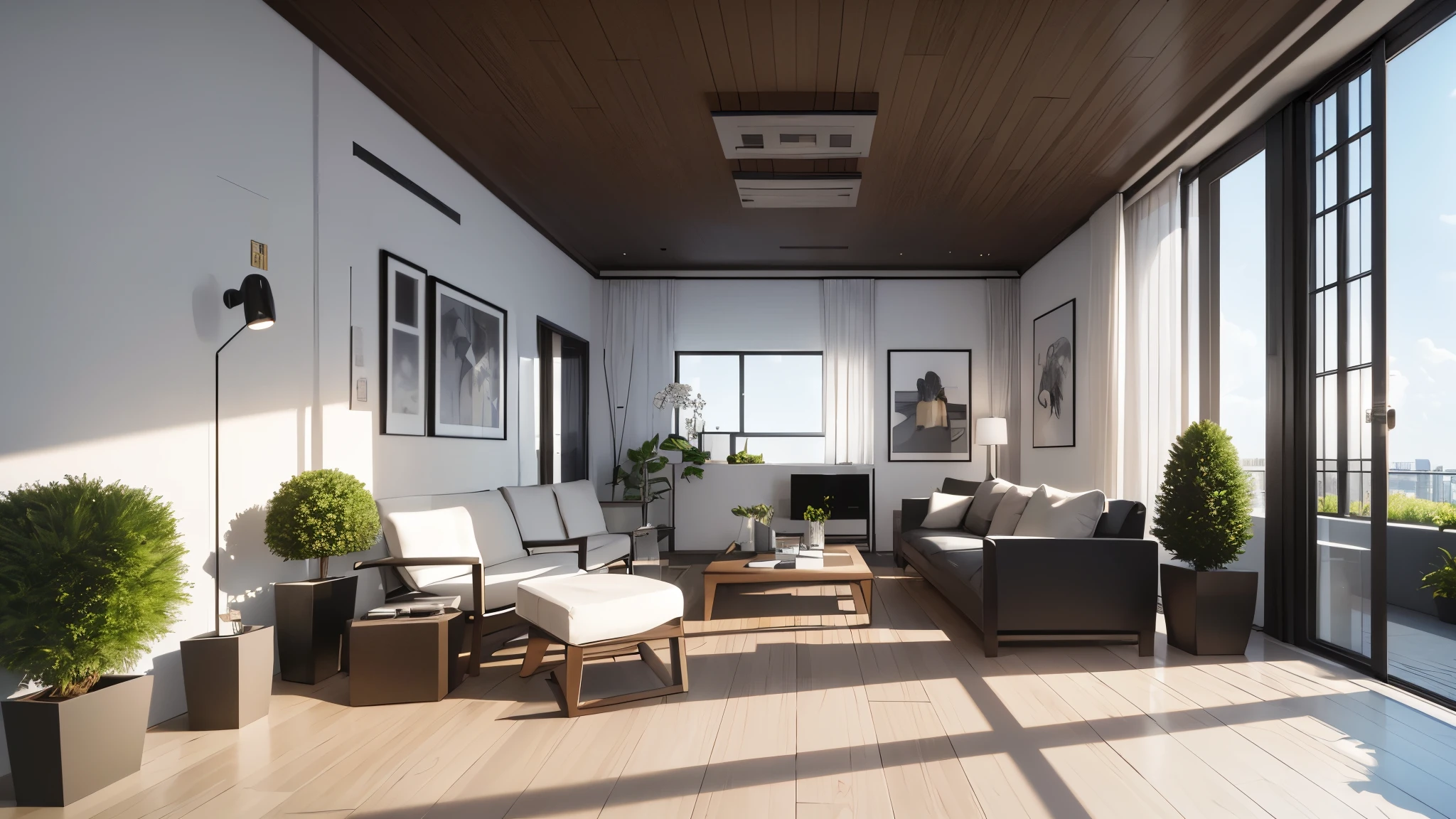 You are a famous interior designer、You have been asked to create a 3D image of a modern large room. Create a harmonious environment with modern and minimalist furniture. Including garden interior.