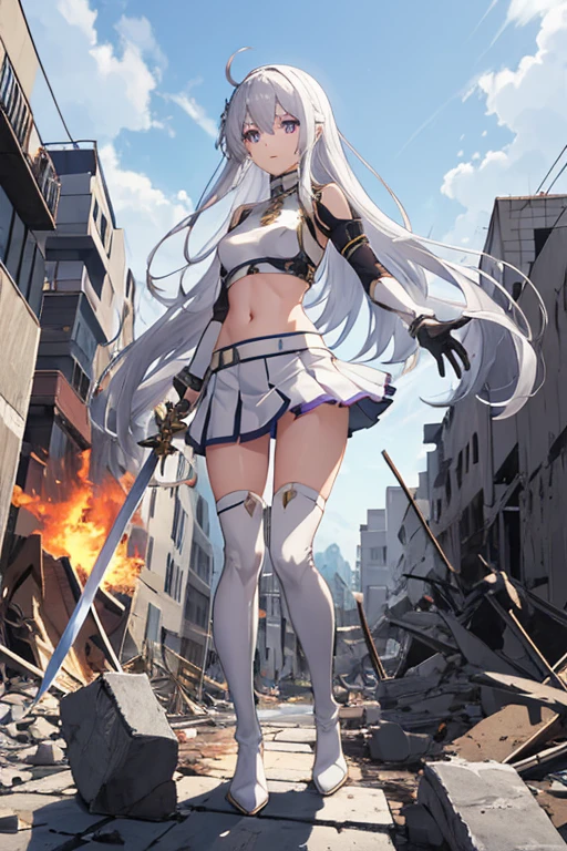secondary elements、White combat uniform、ager、beautiful girl、Navel exposure、short skirt、1 girl,medium breasts,Towards the audience,long silver hair,purple eyes,whole body,Military uniform,uniform,have,white skirt,Burn,Togare,Are standing,(Togare),右手に持ったsword,rubble,Collapsed buildings,Burn,Remains,(carcass:1.1),長いsword,sword,Fierce fire, wonderful,white long boots、thighs、shiny skin