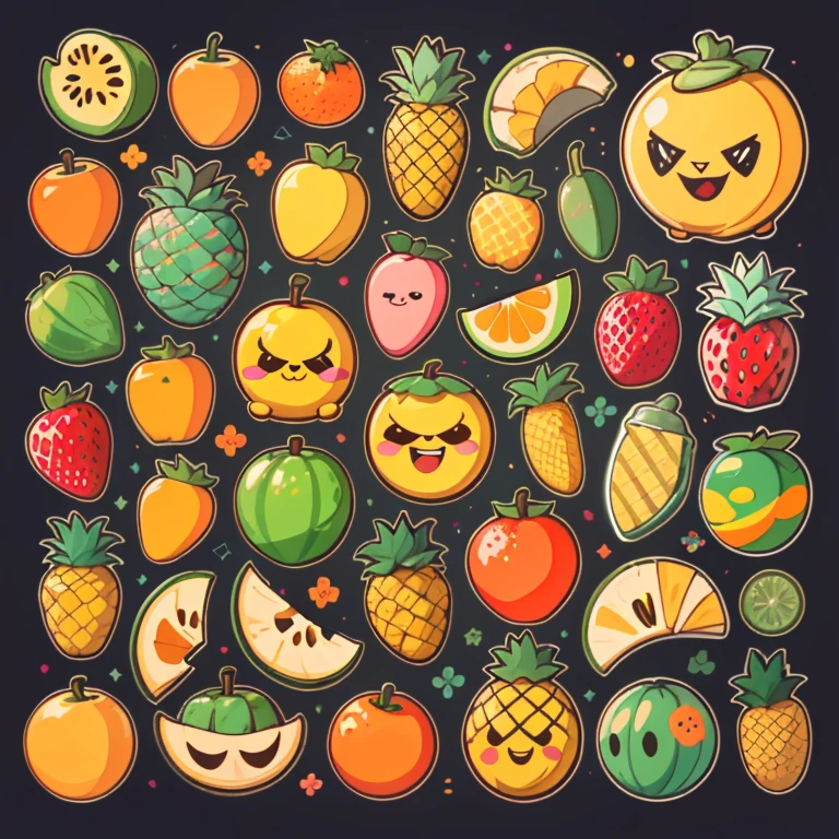 1sticker, handbook,black background, simple background, Minimal, cute, small, pastel colour, vector style, no gradien,(Anthropomorphic fruits such as bananas, melons, mandarin oranges, pineapples, and strawberries.)、(crying face、smiling face、angry face、troubled face、angry face、Various facial expressions),