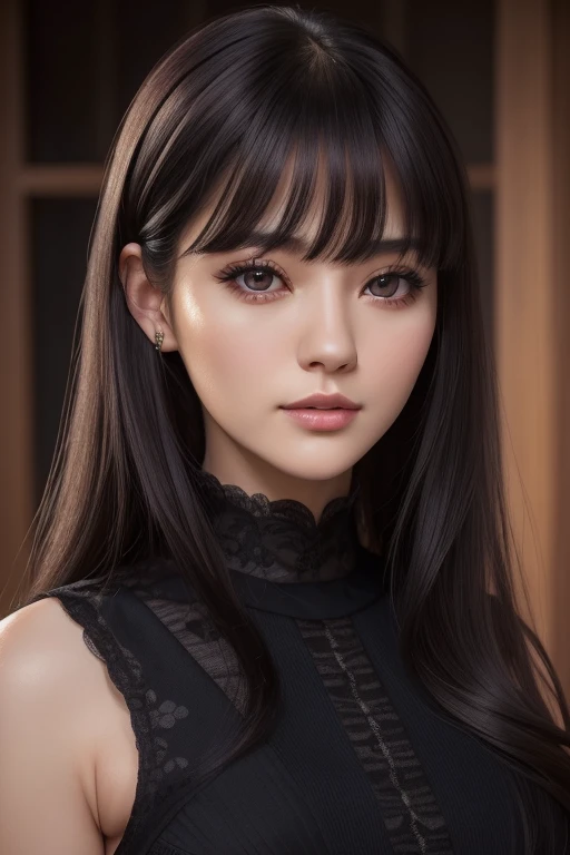 masterpiece, highest quality, realistic, mature woman, cute, 25 years old, closed mouth, portrait, highly detailed face, warm, (dark purple eyes), ((black long hair)), ((Bangs)), [thin eyebrows], Dark palace, ((elegant dark black dress)), Light makeup, soft smile, ear blush, light blush, short eyelashes, 4K, ((Japanese))