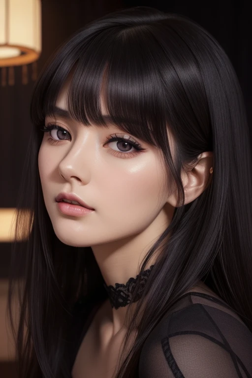 masterpiece, highest quality, realistic, mature woman, cute, 25 years old, closed mouth, portrait, highly detailed face, warm, (dark purple eyes), ((black long hair)), ((Bangs)), [thin eyebrows], Dark palace, ((elegant dark black dress)), Light makeup, soft smile, ear blush, light blush, short eyelashes, 4K, ((Japanese))