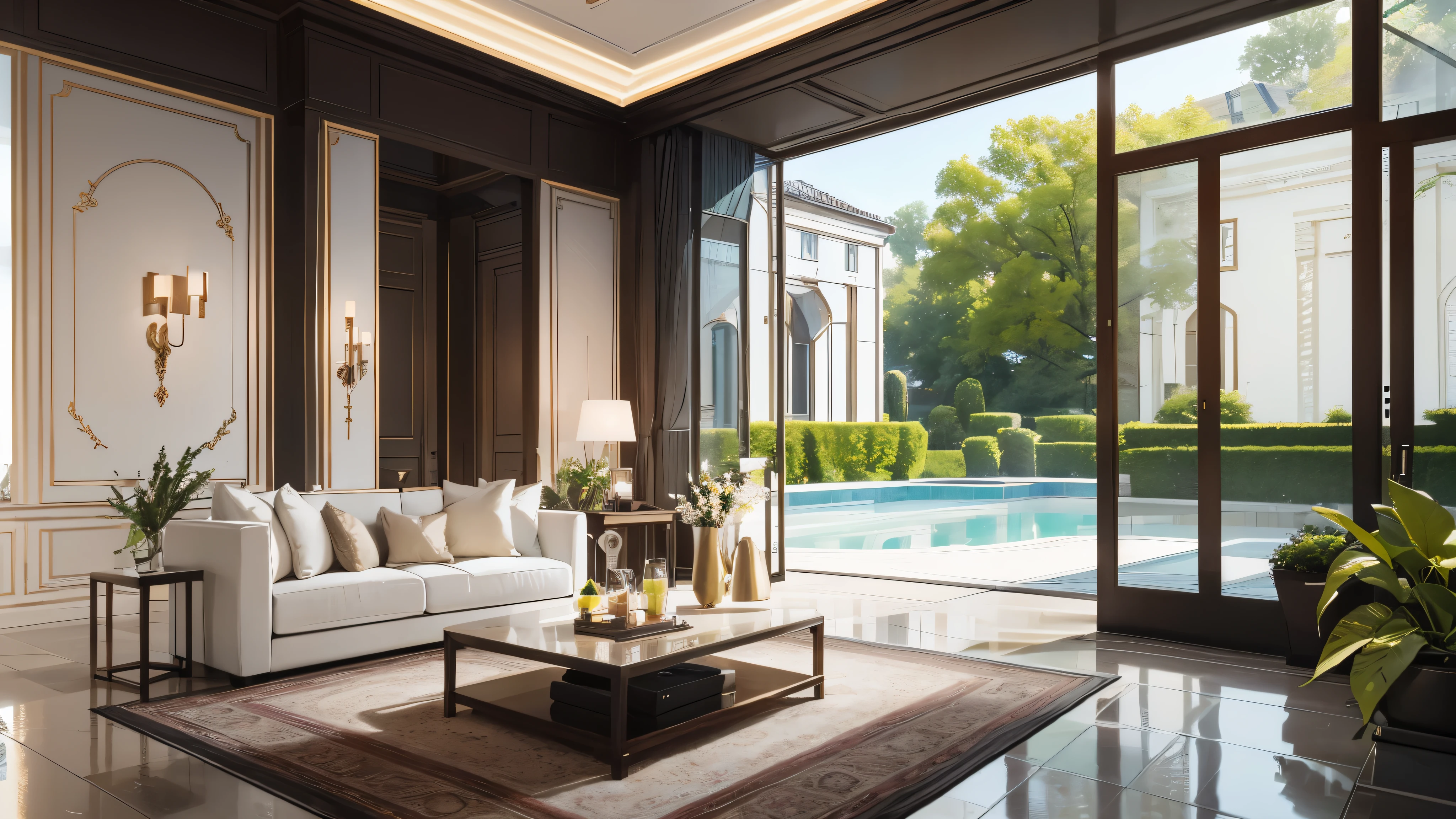 You are a famous interior designer、You have been asked to create a 3D image of a modern large room. Create a harmonious environment with modern and minimalist furniture. Including garden interior.