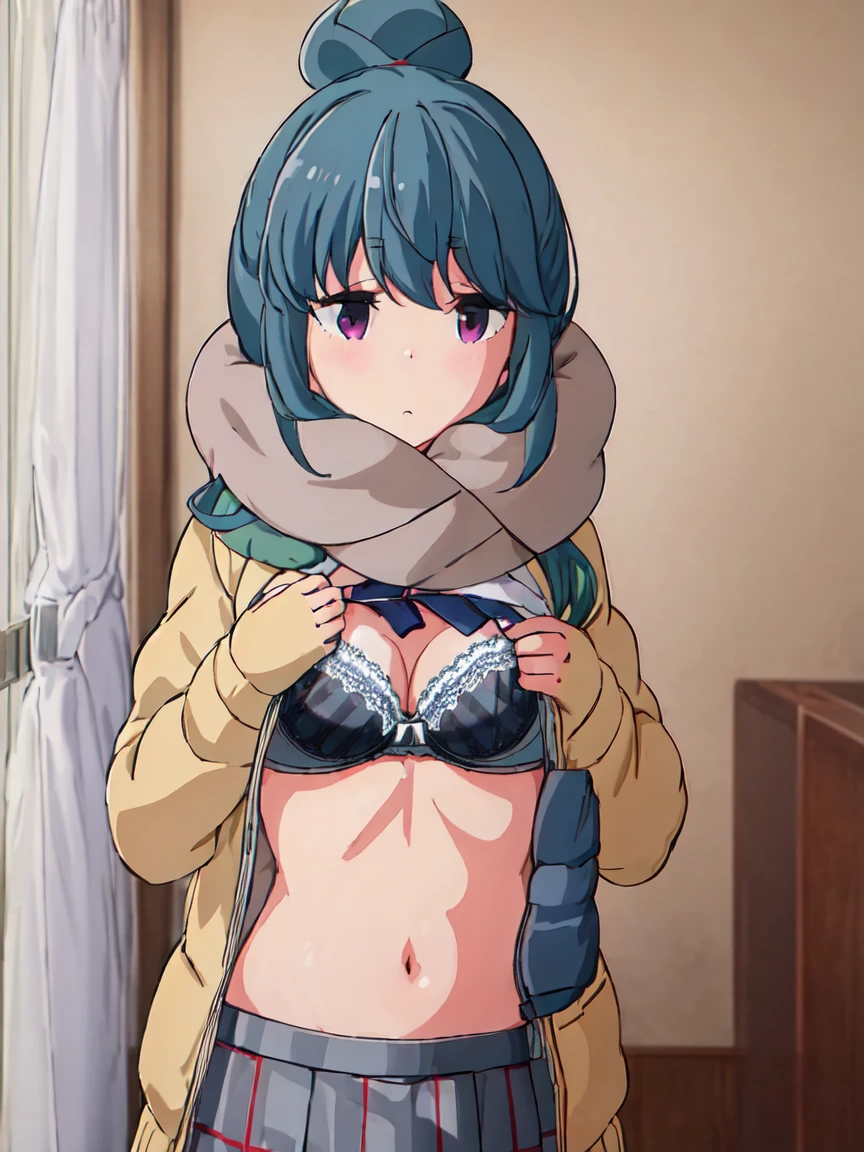 highest quality, masterpiece, High resolution, alone, {Shima_Also_yuru camp:1.15},( green_hair), purple_eye, closed_mouth, single_hair_good, hair_good, 1 girl, 前hair, blurry, blurry_background, (Motosu High School Girls Uniform Winter Clothes:1.3、Grey plaid skirt)、(Opening her chest and showing her bra:1.3)、Western-style room