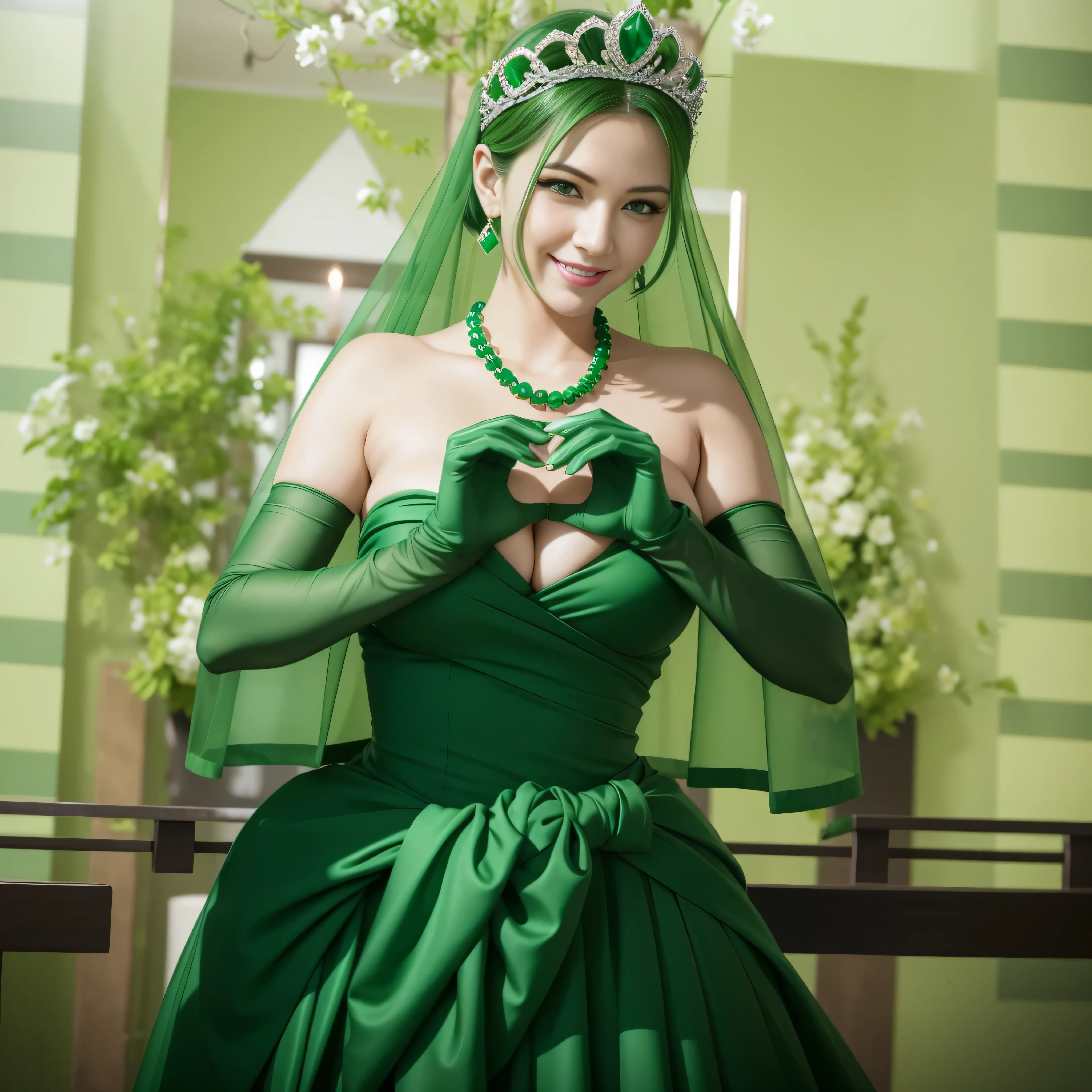 emerald tiara, green pearl necklace, ボーイッシュな非常に短いgreen hair, lipstick, smiling woman, very short hair, Beauty with large breasts, green eyes, Long Green Satin Gloves, green eyes, emerald earrings, green veil, heart with both hands, green hair, Beautiful woman in her 30s, heart shaped hand:1.3
