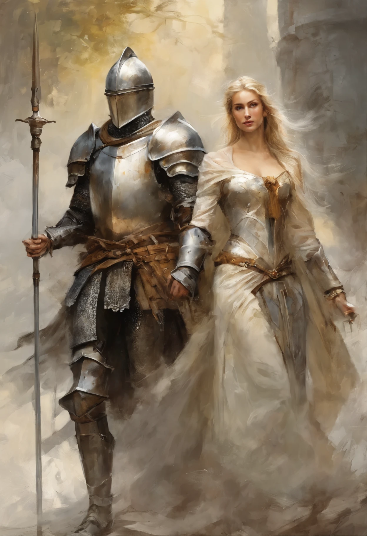 a medieval blonde knight and a princess in love, cinematic, color grading, haihg contrast, Art by Yoji Shinkawa, symmetric circular iris, approaching perfection, pure form, minimalistic, isometric, concept art by Brian Froud, by Carne Griffiths, by Wadim Kashin, by John William Waterhouse, intricate details, 8k post production, high resolution, TanvirTamim, hyperdetailed, trending on artstation, sharp focus, studio photo, intricate details, highly detailed, by greg rutkowski